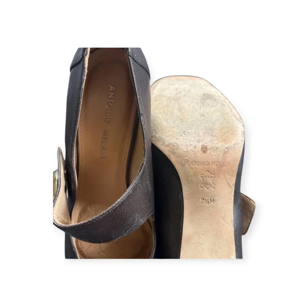 Antonio Melani Vintage Brown Leather Mary Jane Heels Gold Buckle 90s Y2K Pumps